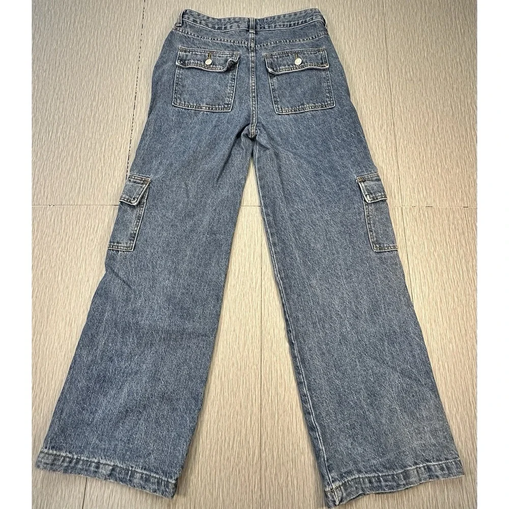S.O.N.G High Rise Cargo Wide Leg Jeans Baggy Denim 100% Cotton Size 3/26 SONG